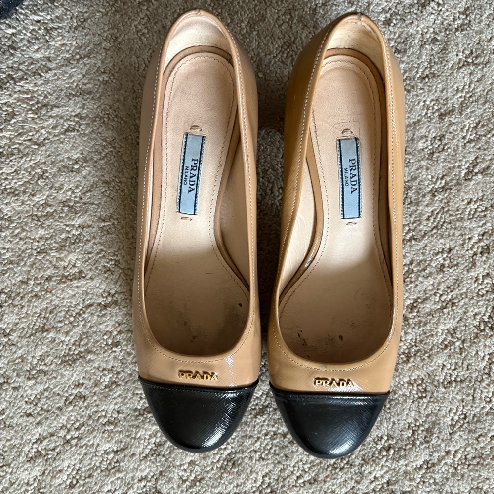 Prada Beige and Black Cap Toe Flats